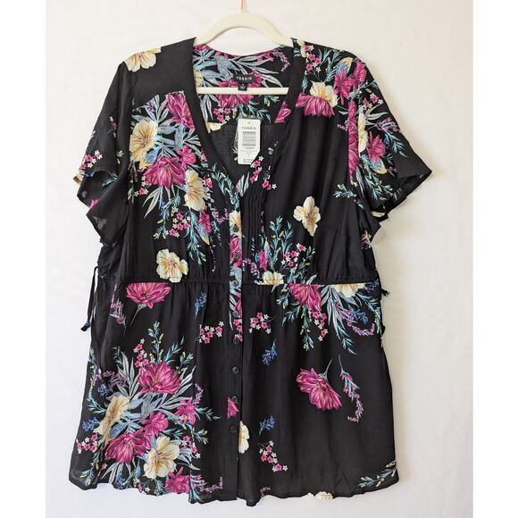 torrid Tops - Torrid Womens Black Pink Floral‎ Babydoll Top Flutter Sleeves Side Ties Size 1X